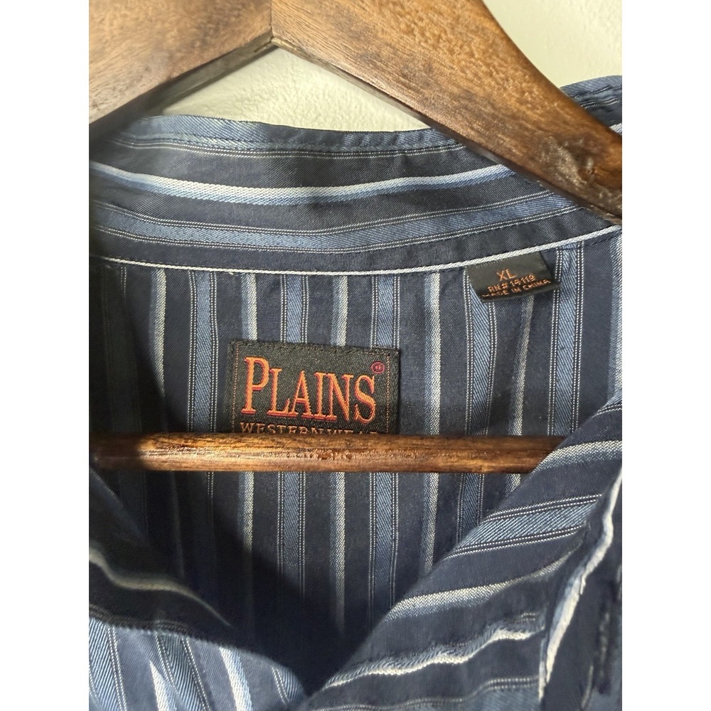 Plains Western Wear Shirt Men XL Long Sleeve Pearl Snap Up Navy Striped - Picture 2 of 3